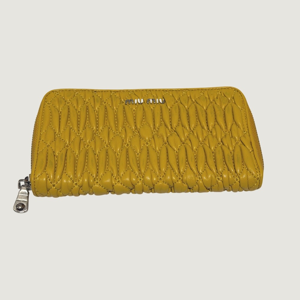 Miu Miu Matelasse Yellow Quilted Leather Zip Around Long Wallet Made in Italy